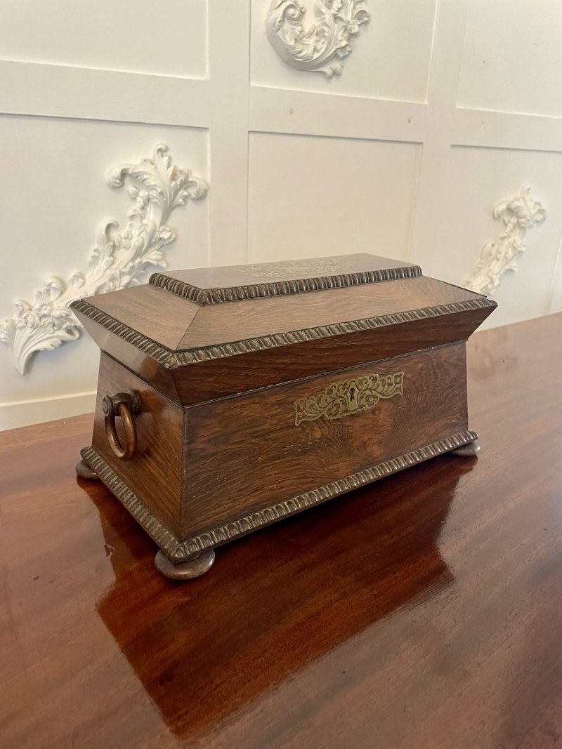 Fine Antique Regency Inlaid Brass Rosewood Tea Caddy - Image 2